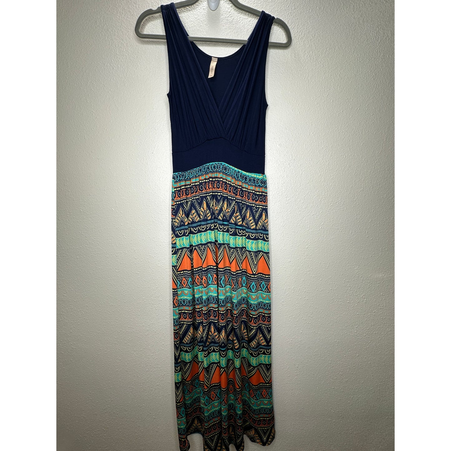 Gilli Navy Blue Teal Orange Multi Print Faux Wrap V-Neck Sleeveless Maxi Dress M