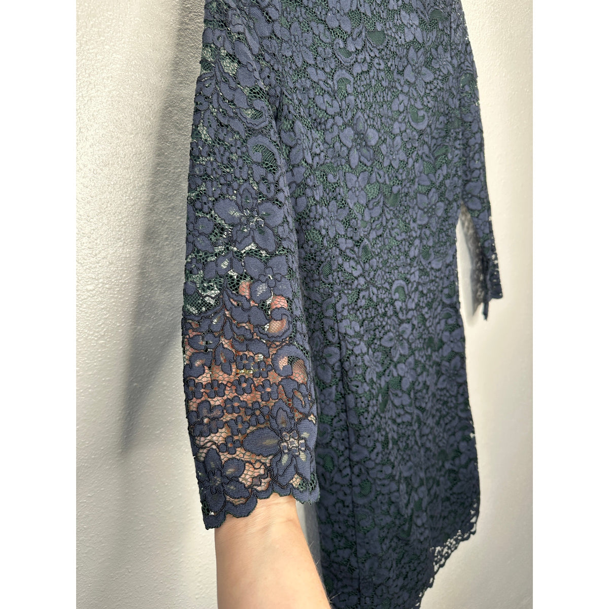 Tory Burch Black Lace with Green Contrast Underlay Jewel Neckline Dress 2