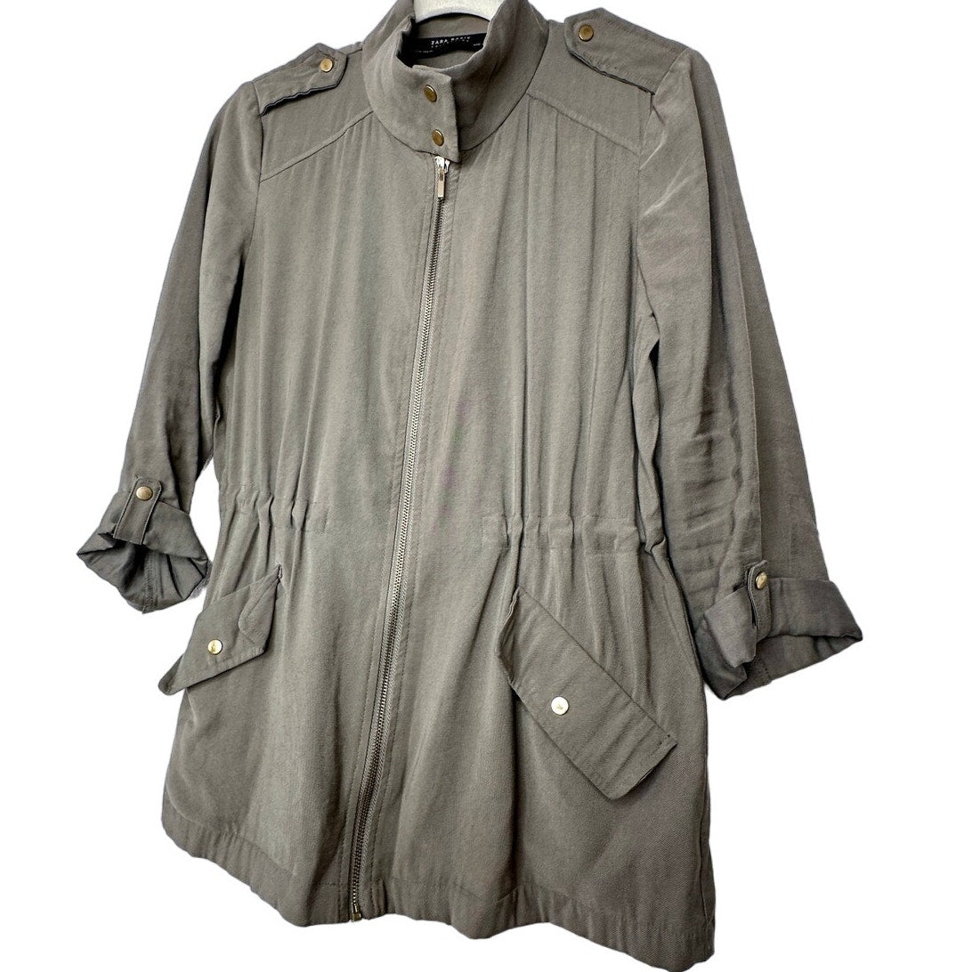 Zara Olive Green 3/4 Cuffed Sleeve Collared Zip Cinch Waist Jacket XS