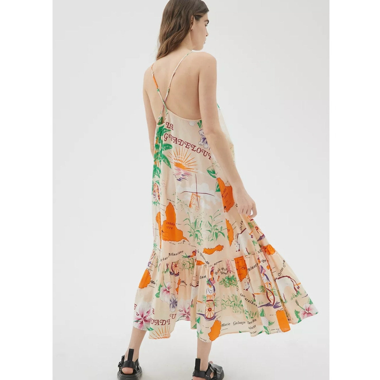 UO Sunkissed Printed Poplin Tropical Floral Flowy Pleated Ruffle Maxi Sundress M