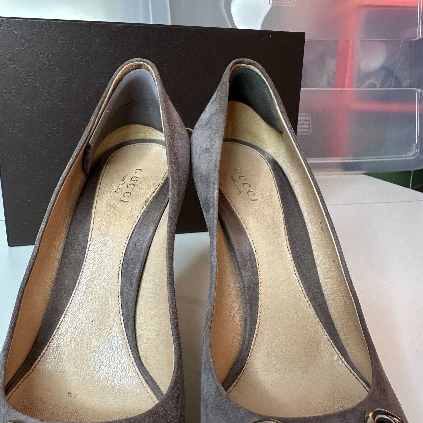 Gucci Kid Scamosciato New Mauve Gray Suede Horsebit Open Toe Stiletto Heel 38