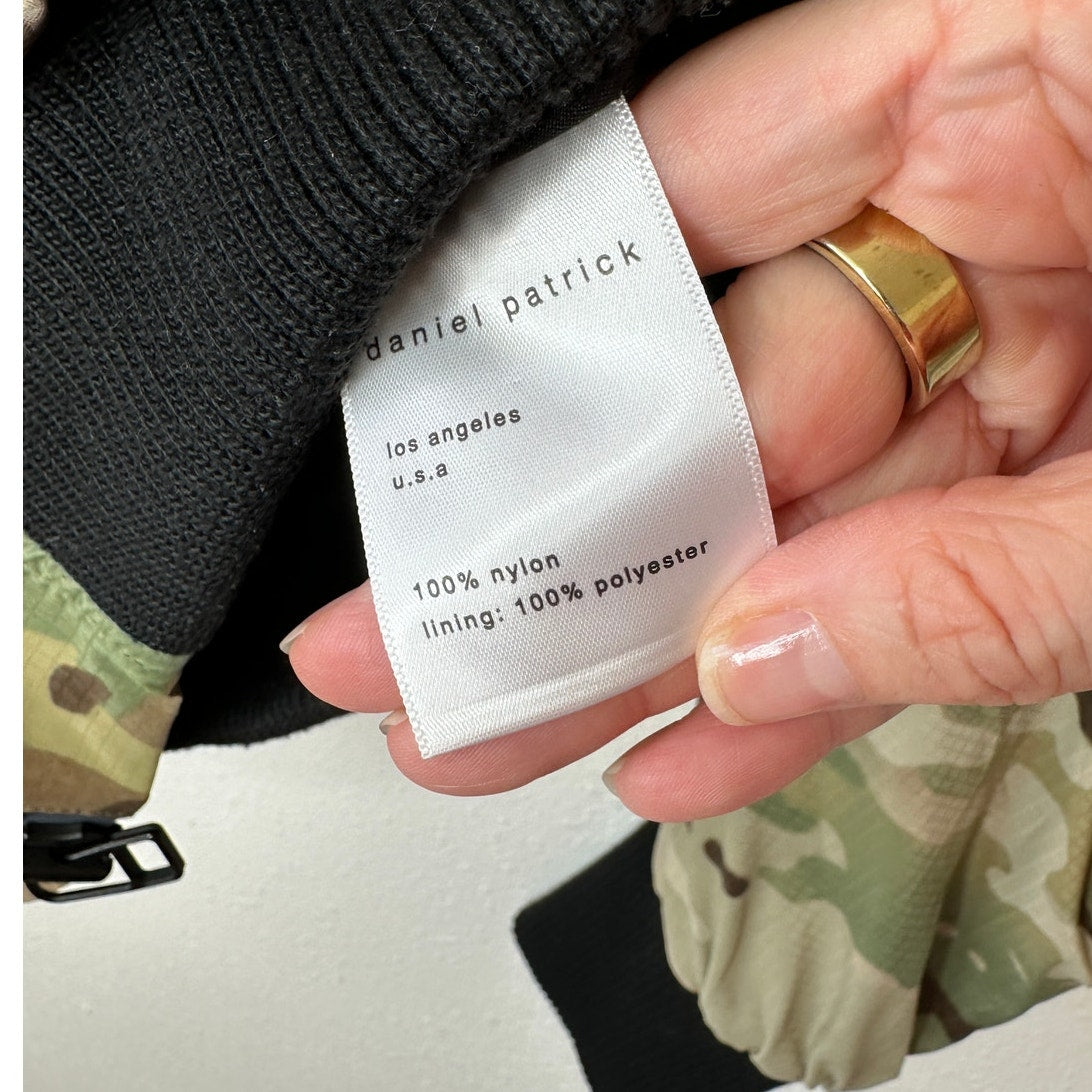 Daniel Patrick Olive Camo Front Split Zip Satin Long Sleeve Bomber Jacket M