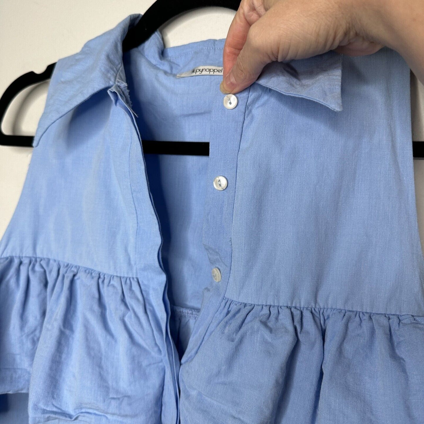 Chic Light Denim Blue Ruffled Cold Shoulder Half Front Button Flowy Blouse Small