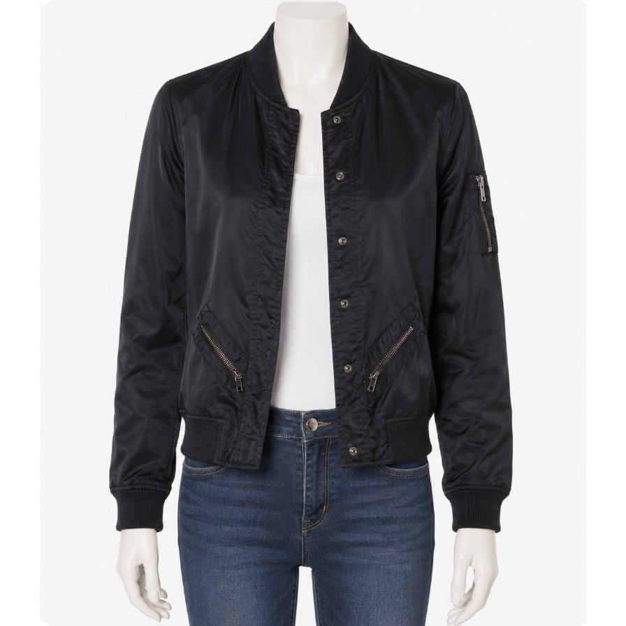 Guess Black Front Snap Bomber Jacket Zip Front & Sleeve Pockets XS