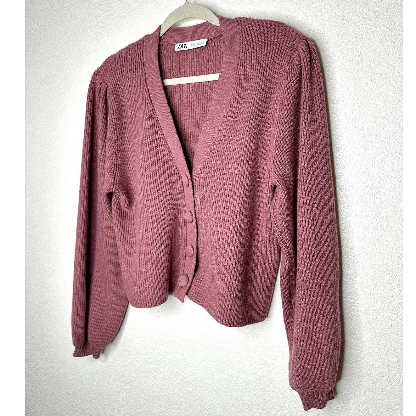 ZARA Mauve Balloon Sleeve V-Neck Cropped Button Chunky Knit Cardigan Sweater M