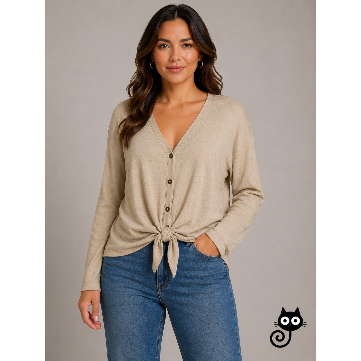H&M Tan V-Neck Tie-Front Button Cardigan Sweater Women’s L