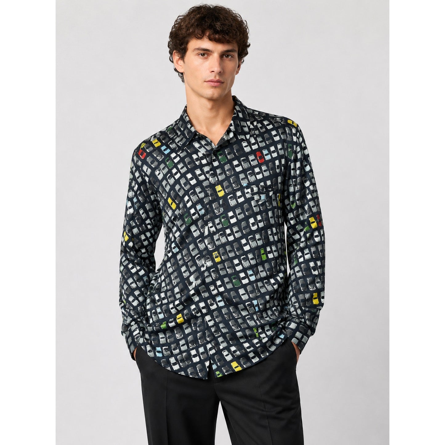 Bottega Veneta Black Car Print Long Sleeve Button Shirt Tunic 54 / L