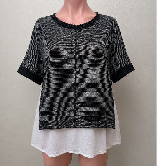 Caslon Black White Color Block Boxy Crewneck Woven Hem Striped Texture Top M