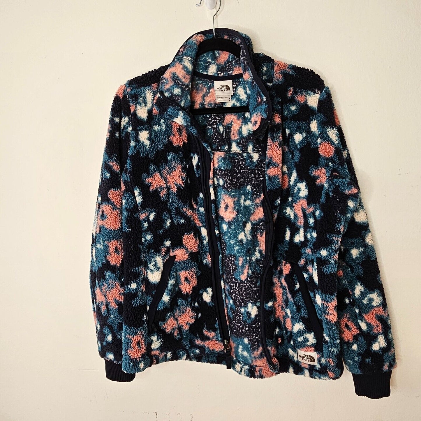 Northface Campshire Cozy Blue Peach Cream Abstract Floral Zip Fleece Jacket Med