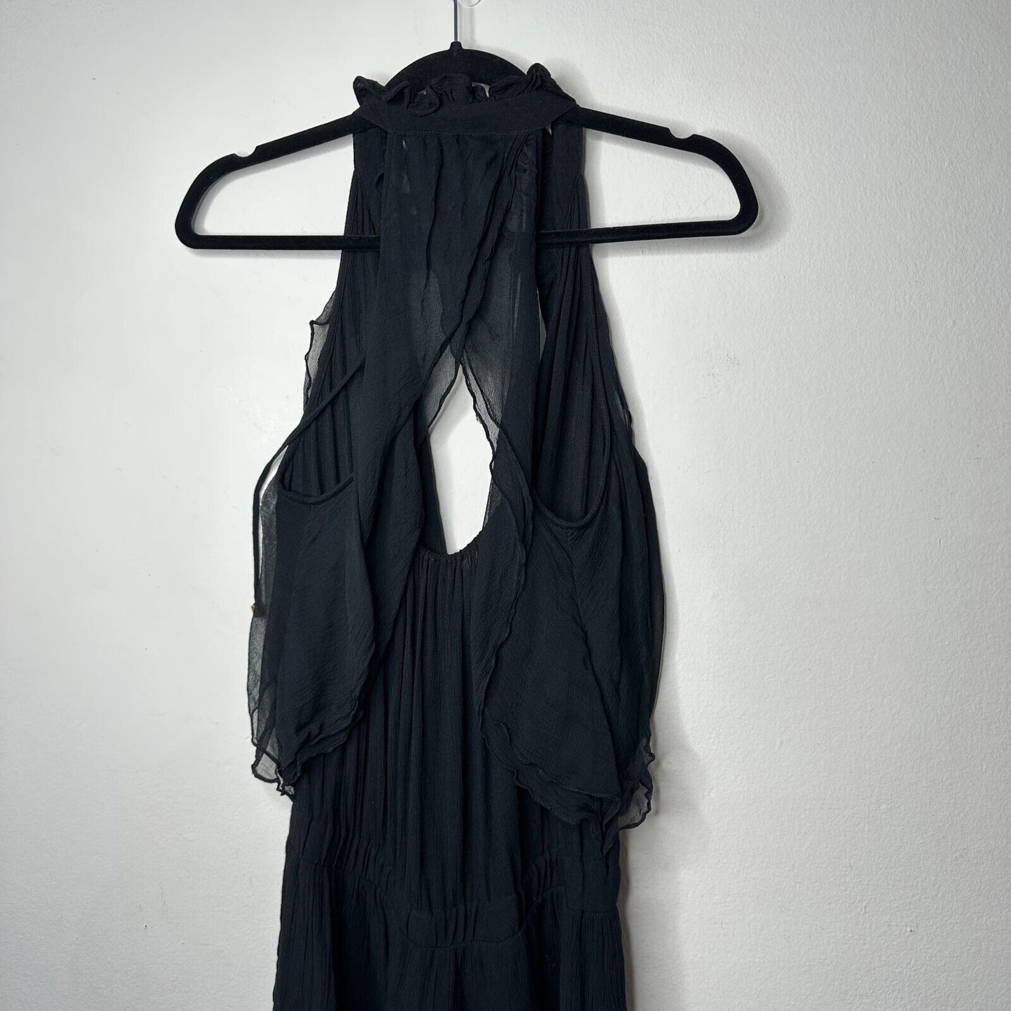 Revolve Ella Moss Black Piana Romper Tie Closure Ruffle Trim Back Cut Out S