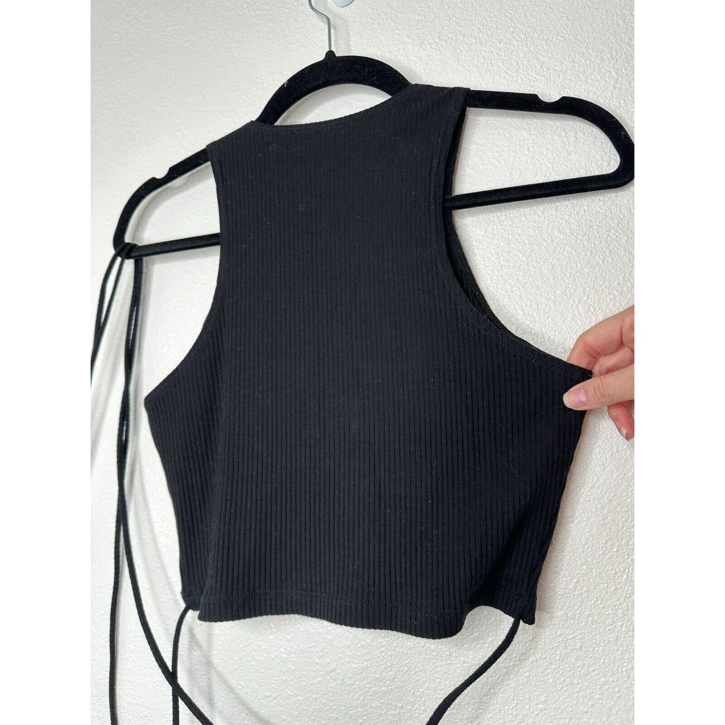 Reformation Yvie Black Ribbed Knit V-Neck Crop Tank Top Tie Wrap Around Waist S