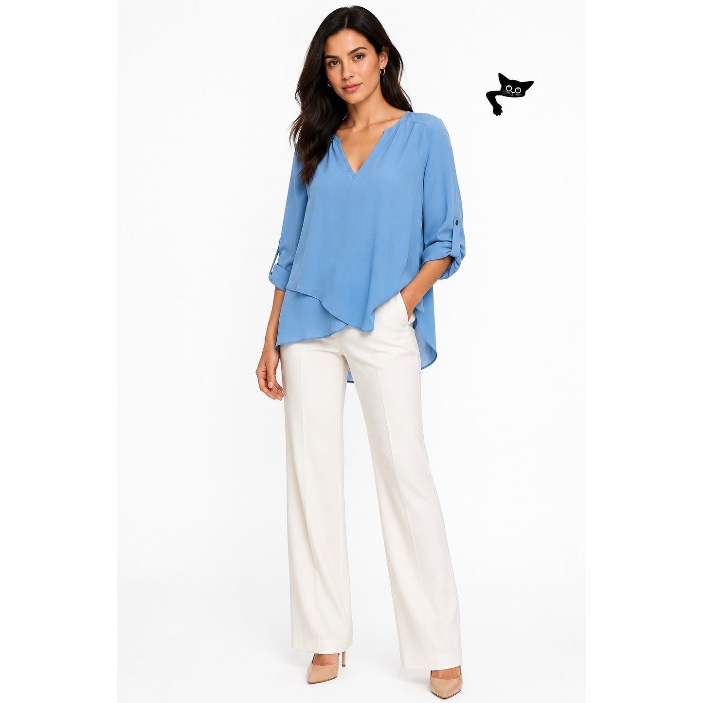 Karen Kane Light Blue Hi-Low Layered V-Neck Roll Tab Blouse Size L