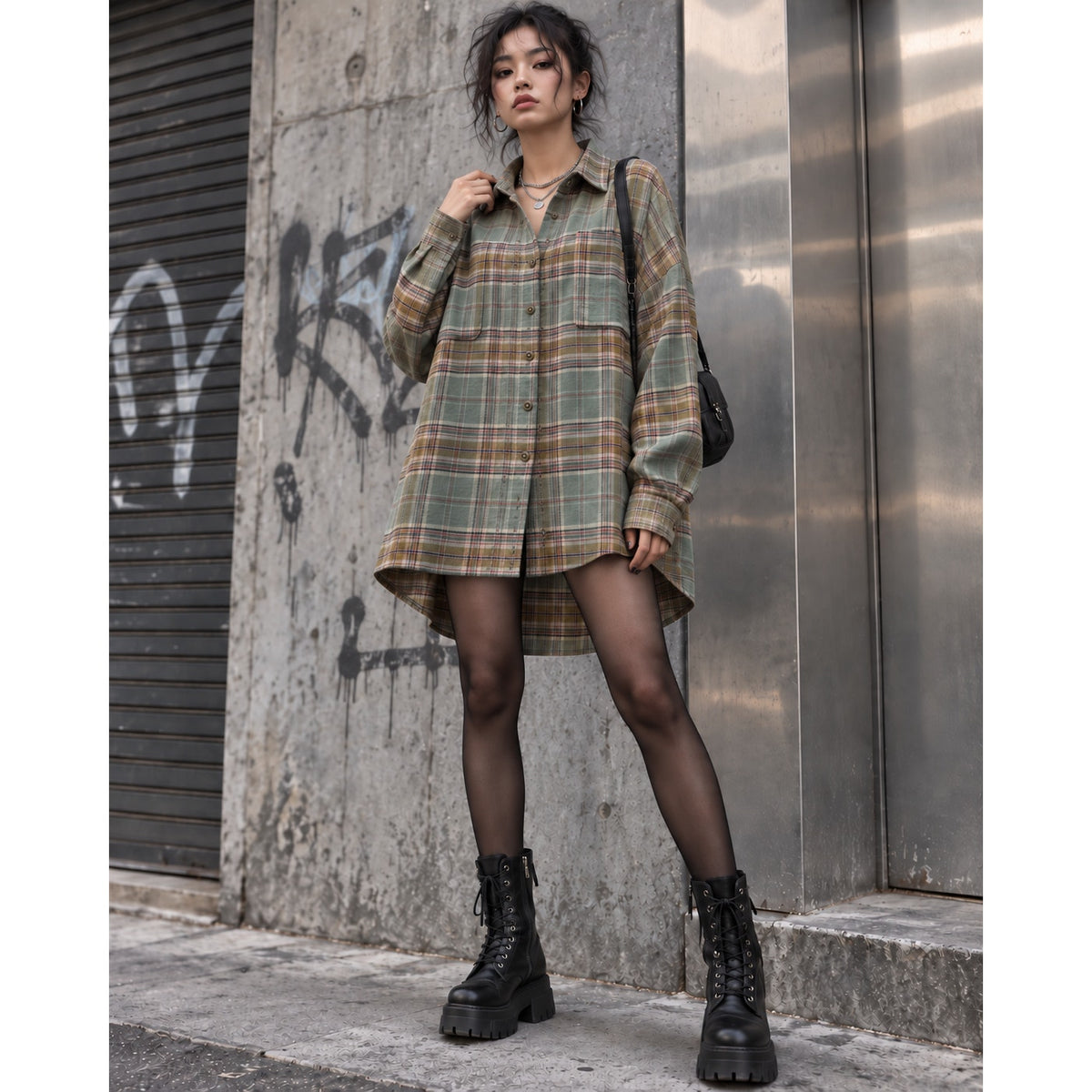 NWT Warden Edge Sage Plaid Oversized Shirt Women M