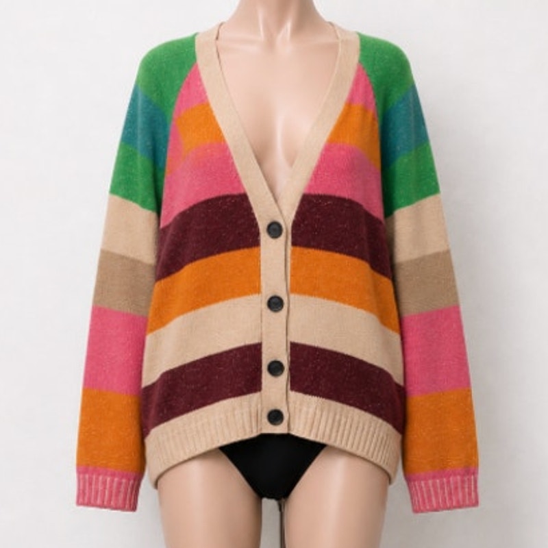 The Elder Statesman Enlightened Bear Striped Cashmere Cardigan L