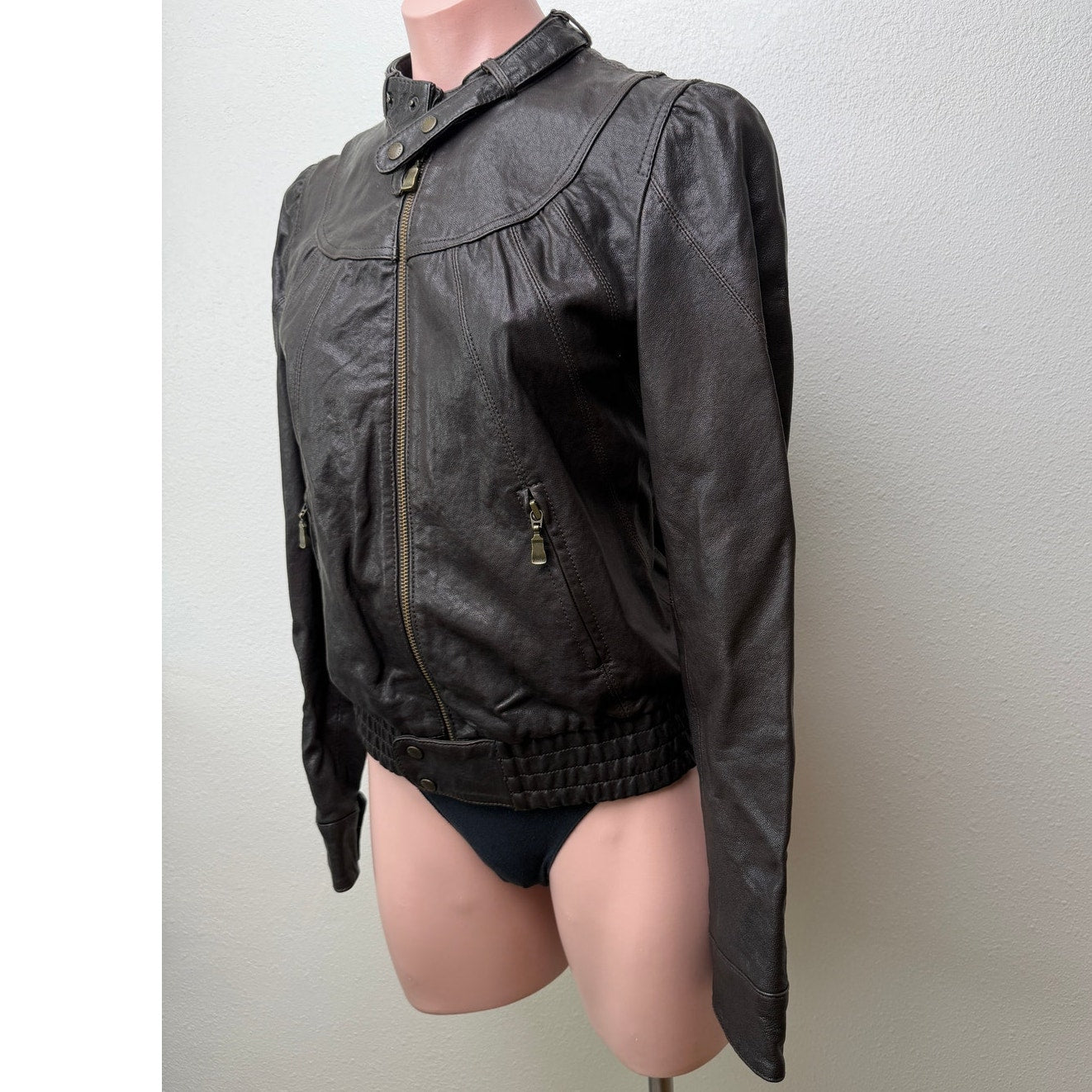 Ted Baker Brown Leather Jacket Womens US 6 Moto Gathered Zip