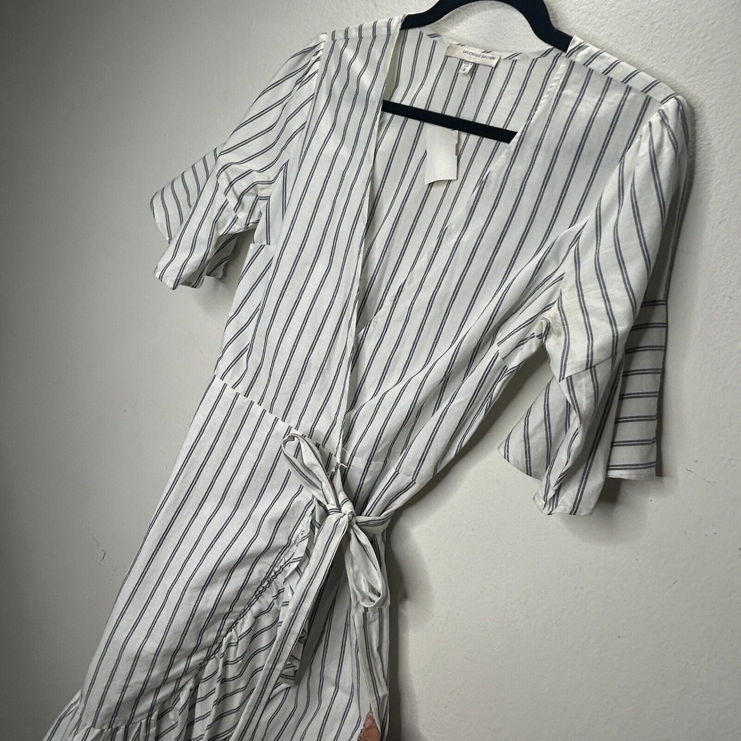 NWT Lavender Brown White and Blue Pinstripe Short Sleeve Ruffle Hem Wrap Dress S