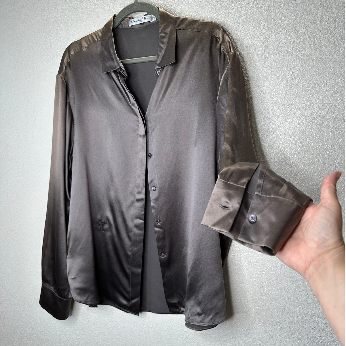 Christian Dior 100% Silk Taupe Brown Multi-Tonal Shimmer Button Blouse 14
