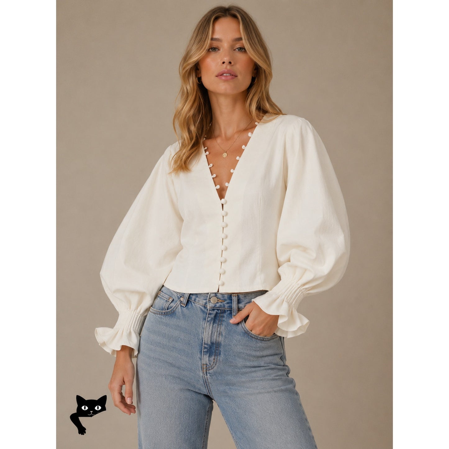 Cream V-Neck Loop & Button Front Balloon Pleated Cuff Sleeve Crop Blouse Med