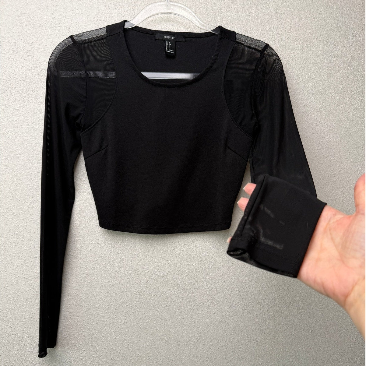 Forever 21 Black Mesh Long Sleeve Open Back Crop Top Size S
