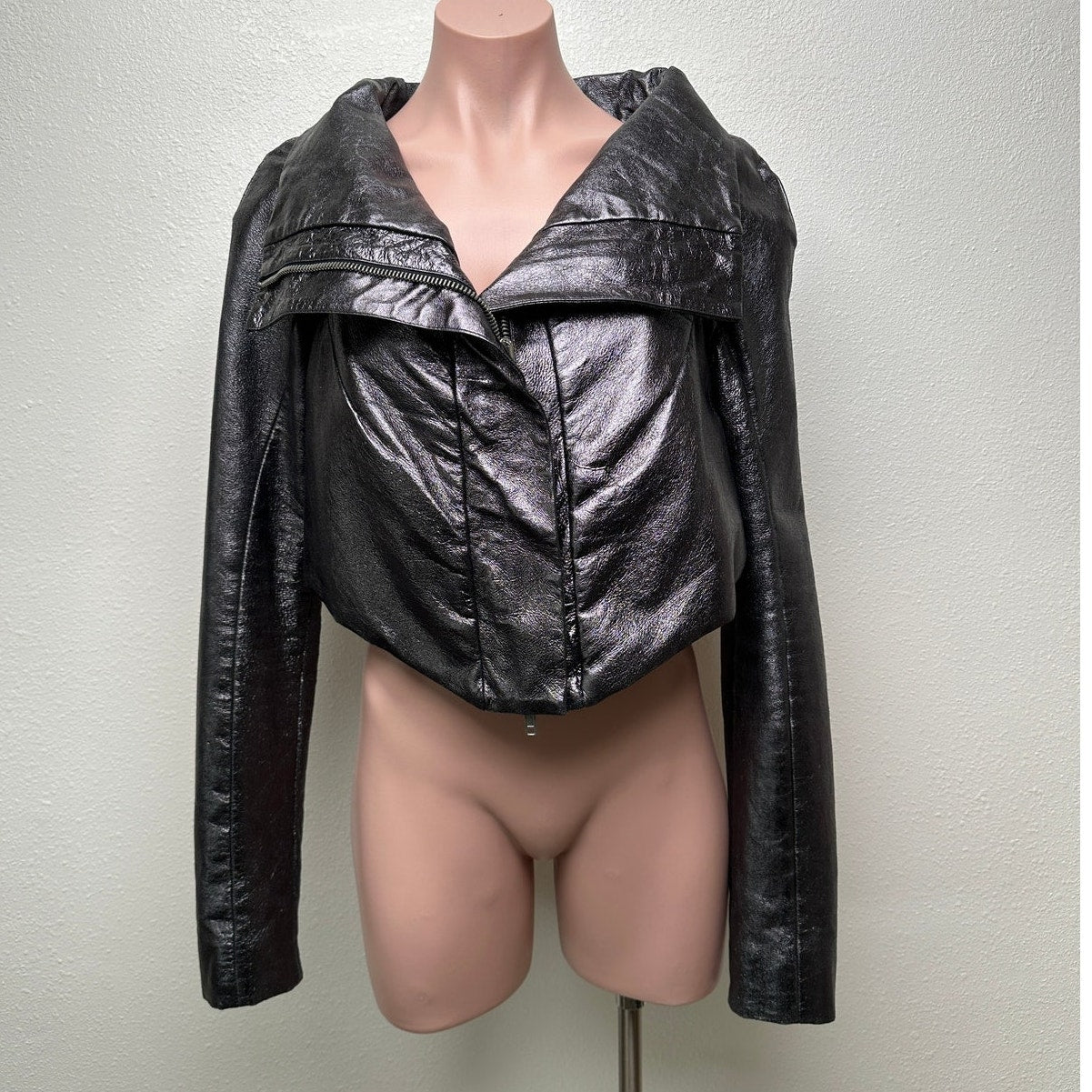 Gareth Pugh gunmetal calf leather cropped jacket women’s 10 draped zip