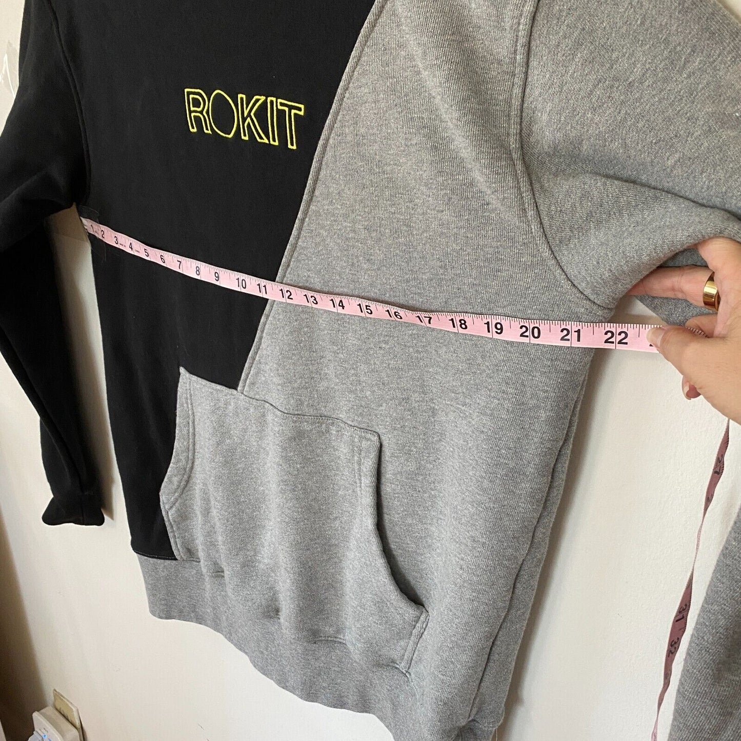 Rokit Split Cotton French Terry Hoodie Black Gray & Yellow Logo Sweatshirt L