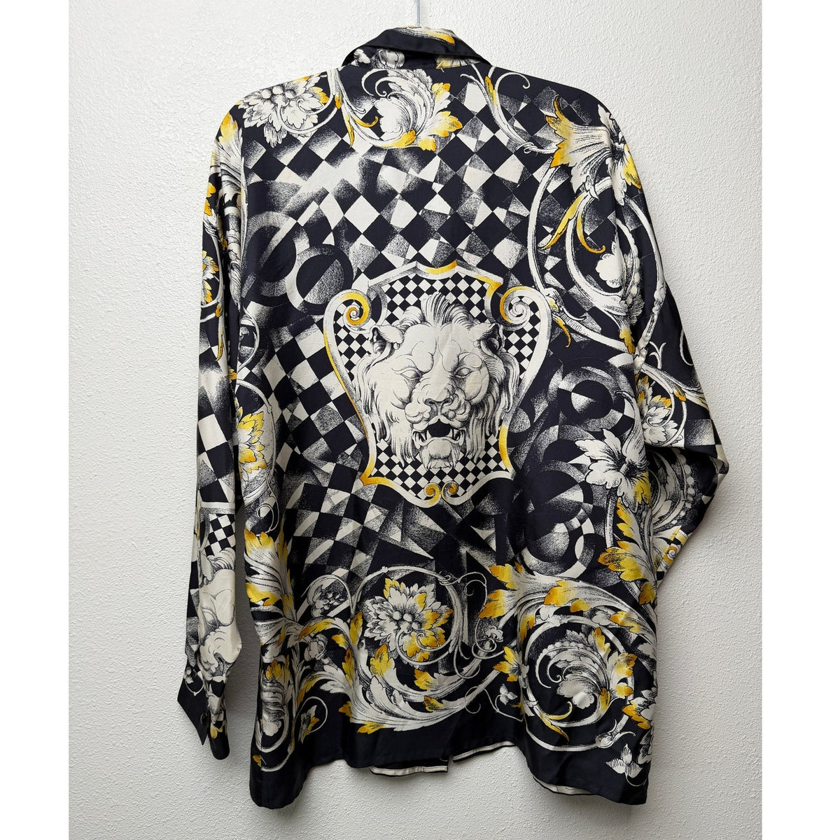 Vintage Gianni Versace Il Leone Barocco Lion Silk Shirt Black Yellow Men's XL