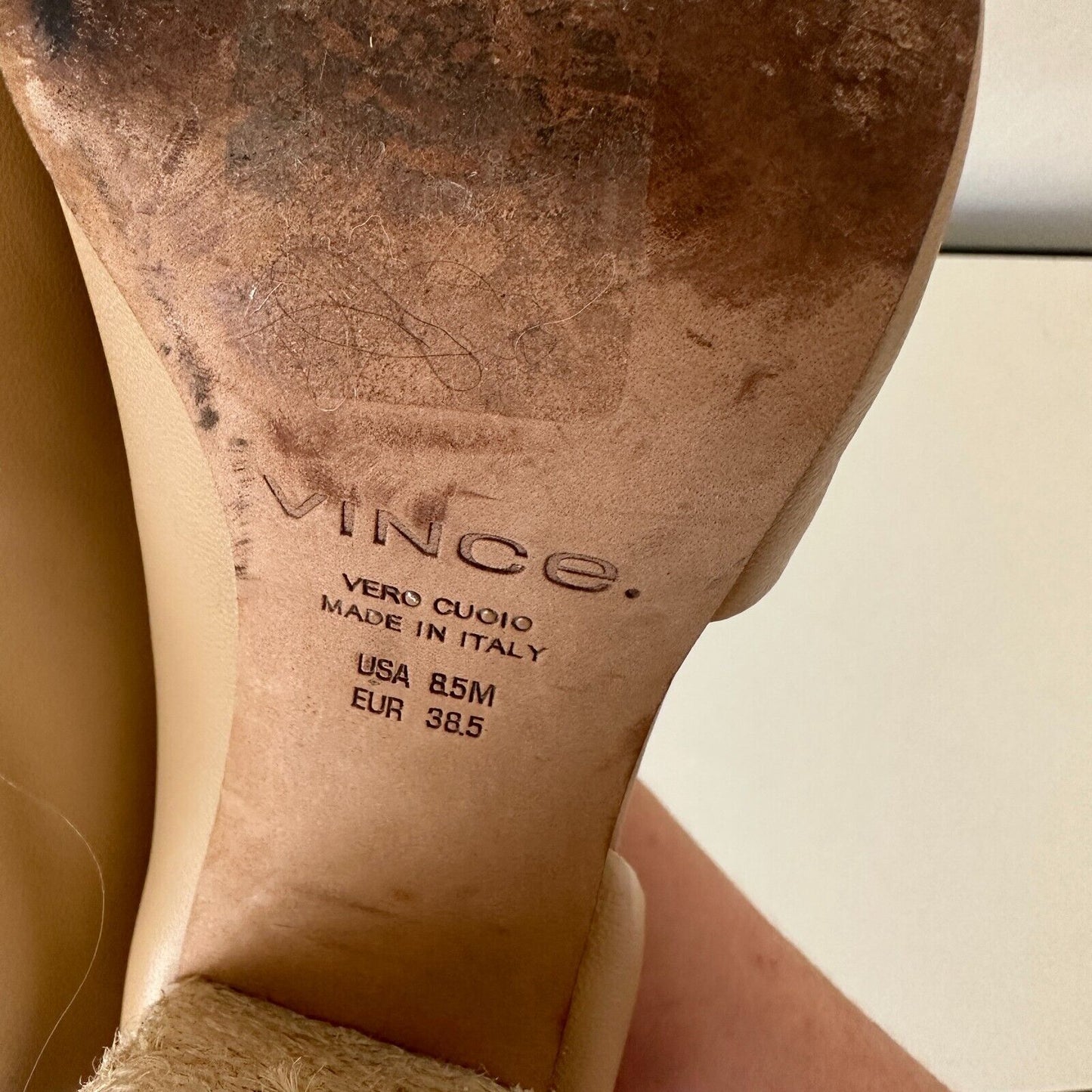 VINCE Percey Taupe Leather Open Toe Block Heel Sandals Jute Wrapped Heels 8.5