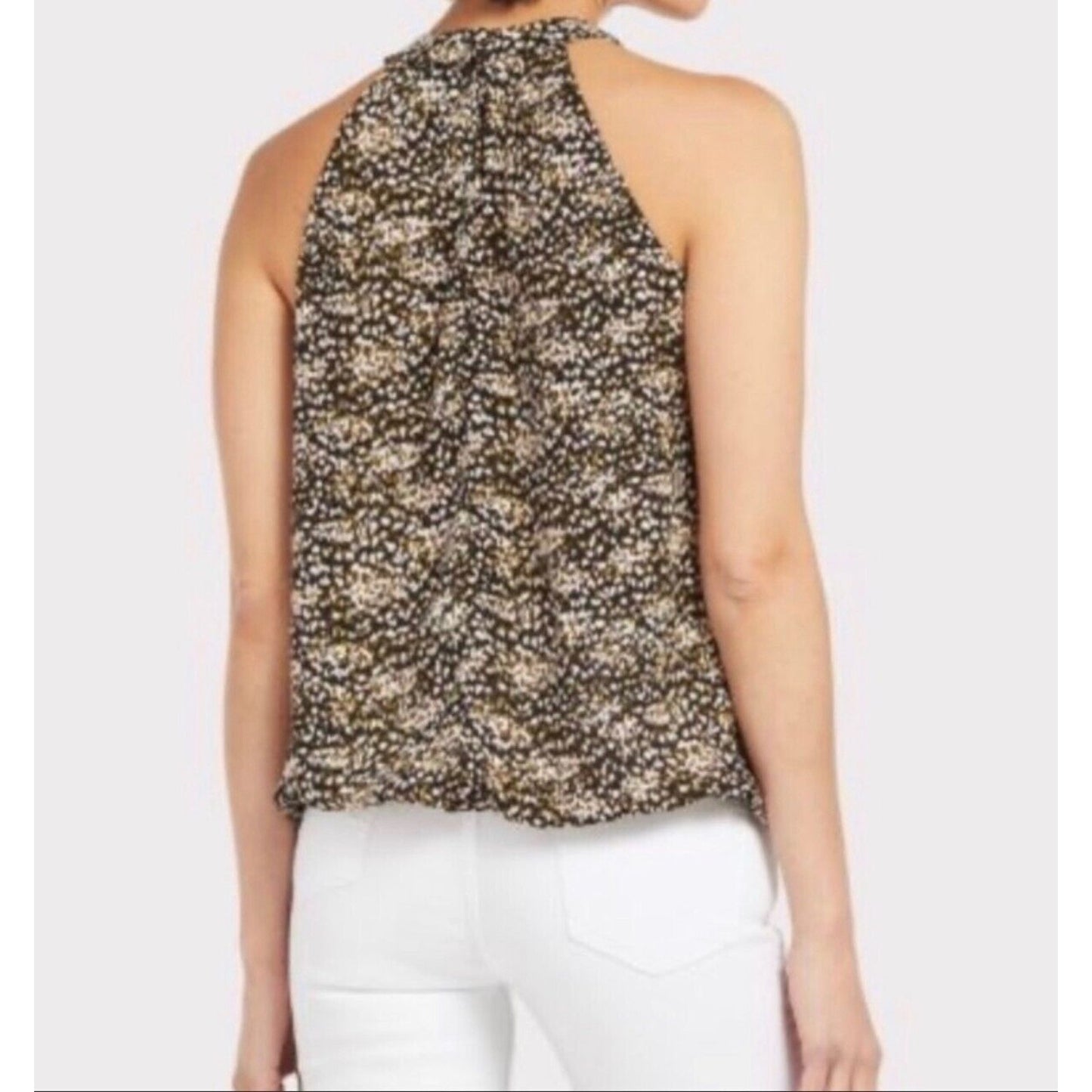 Allison Joy Black Peach Cream & Olive Print Halter Neck Sleeveless Tank Blouse S