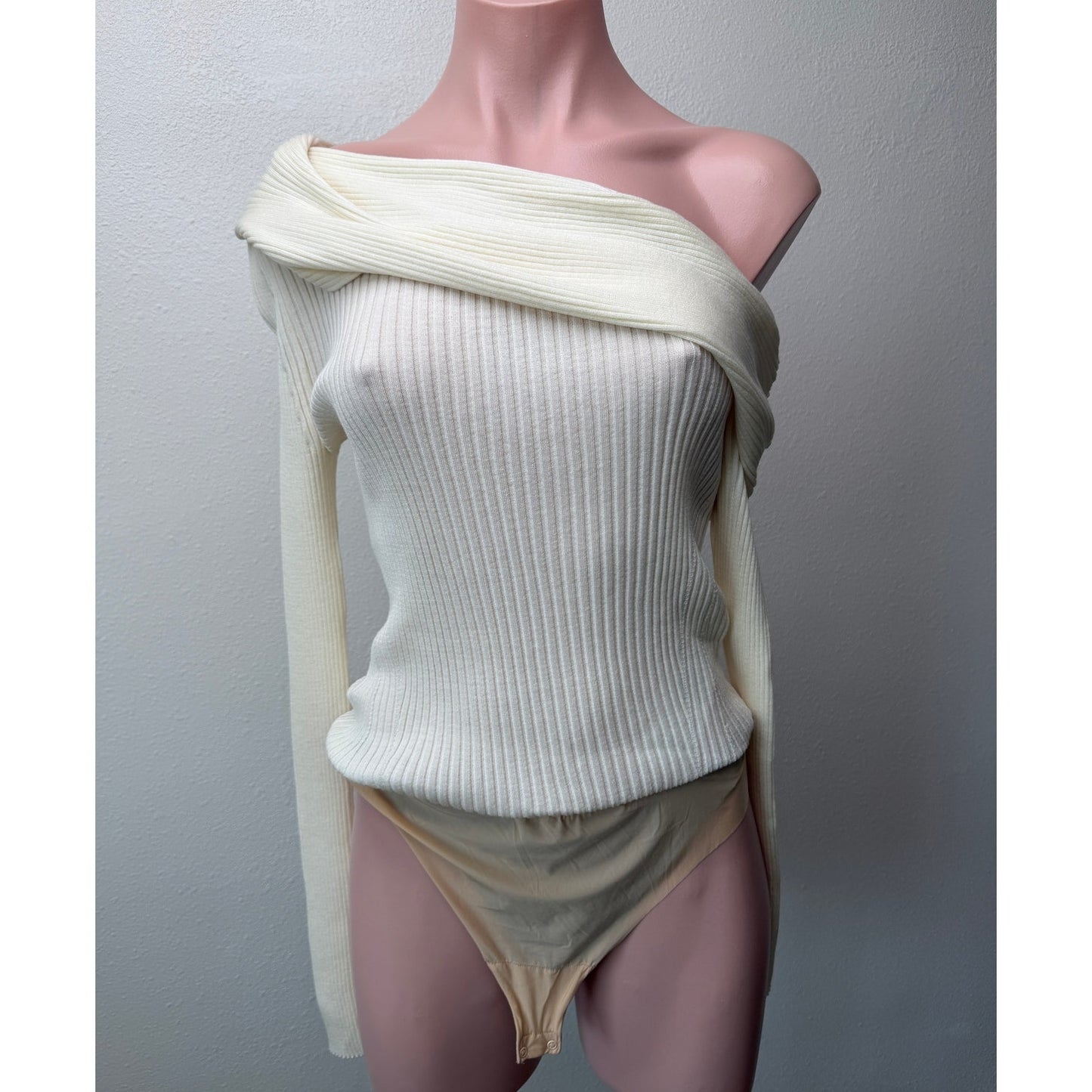 Wolford x Simkhai Ribbed Off Shoulder Wool Bodysuit Cream S