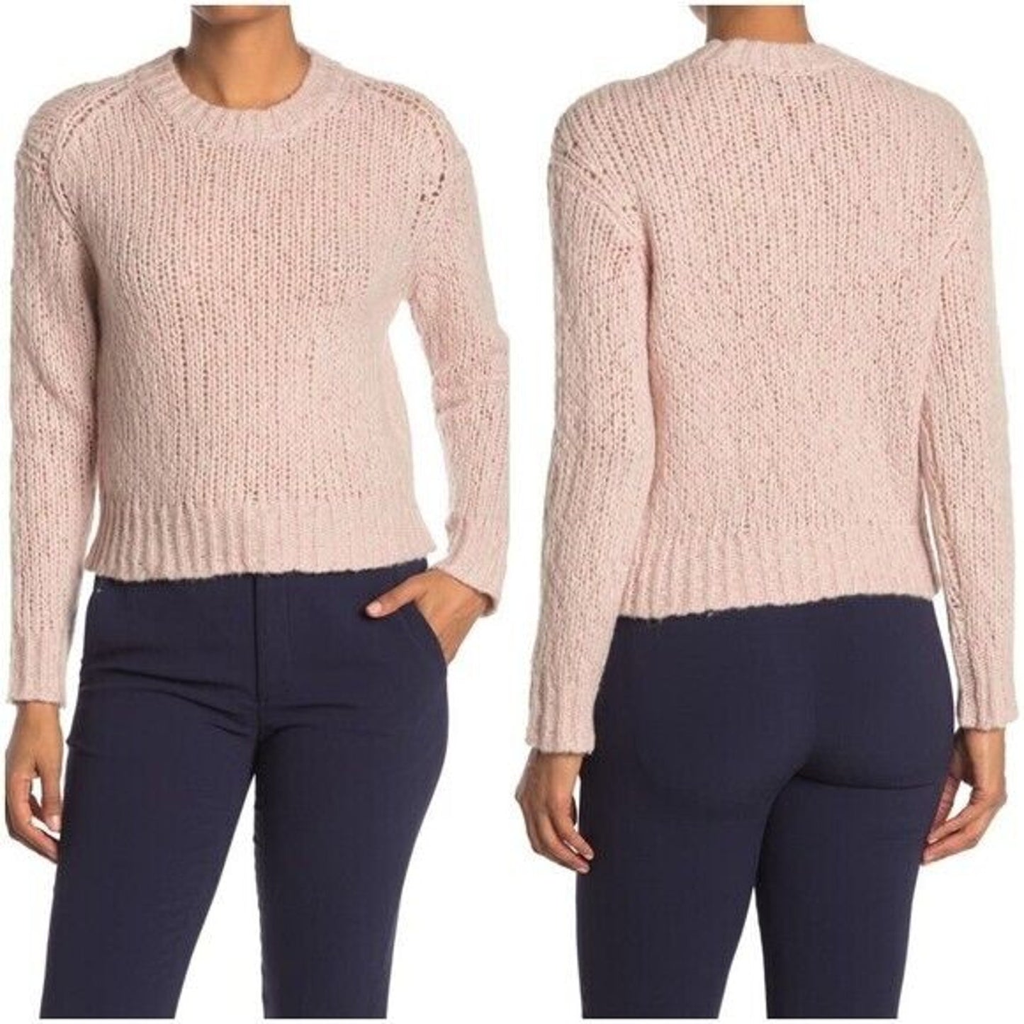 360 Cashmere Abbot Pale Rose Pink Loose Knit Crew Neck Band Cuff Neck Sweater S