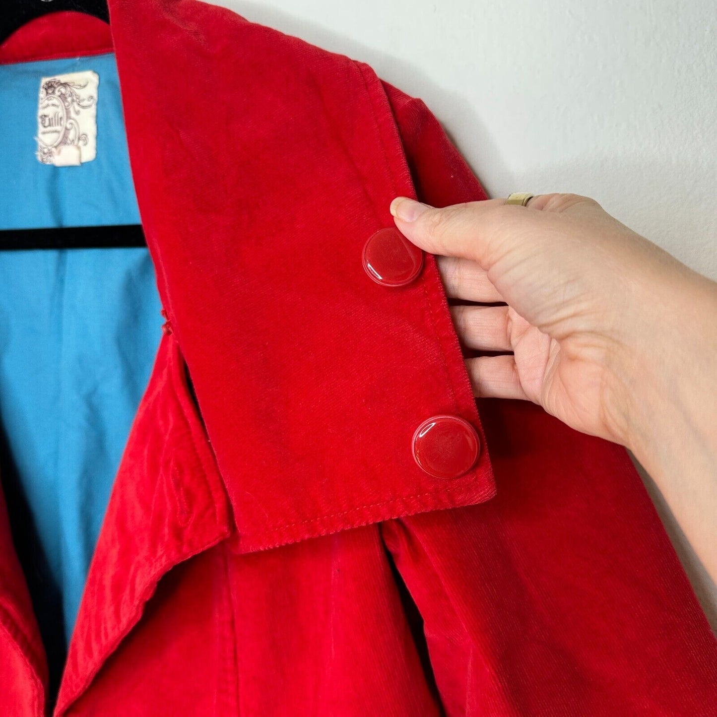 Tulle Red Corduroy Turquoise Lined Foldover Collar Jacket 3/4 Sleeves S