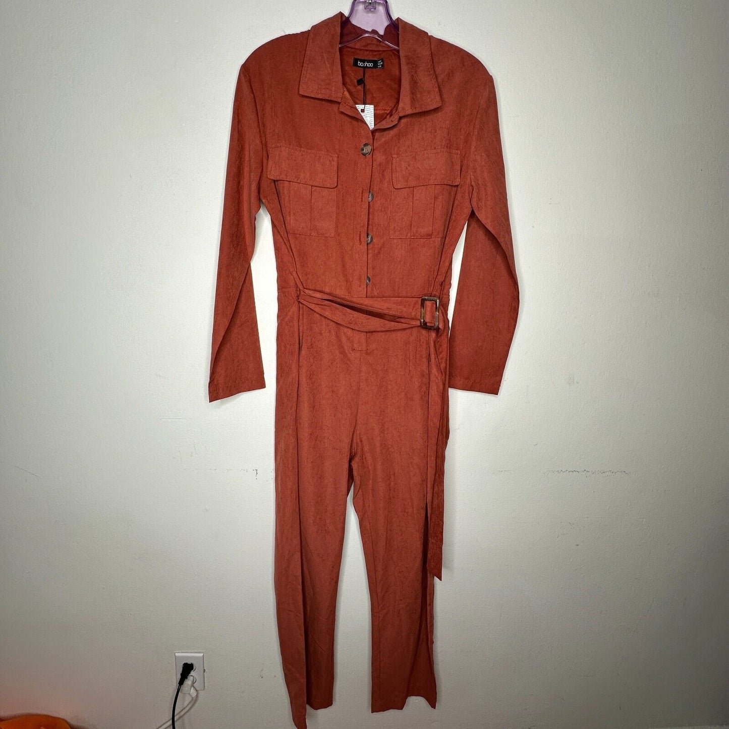 NWT Boohoo Rust Utility Cargo Belted Jumpsuit Tapered Leg Front Safari Pocket 7