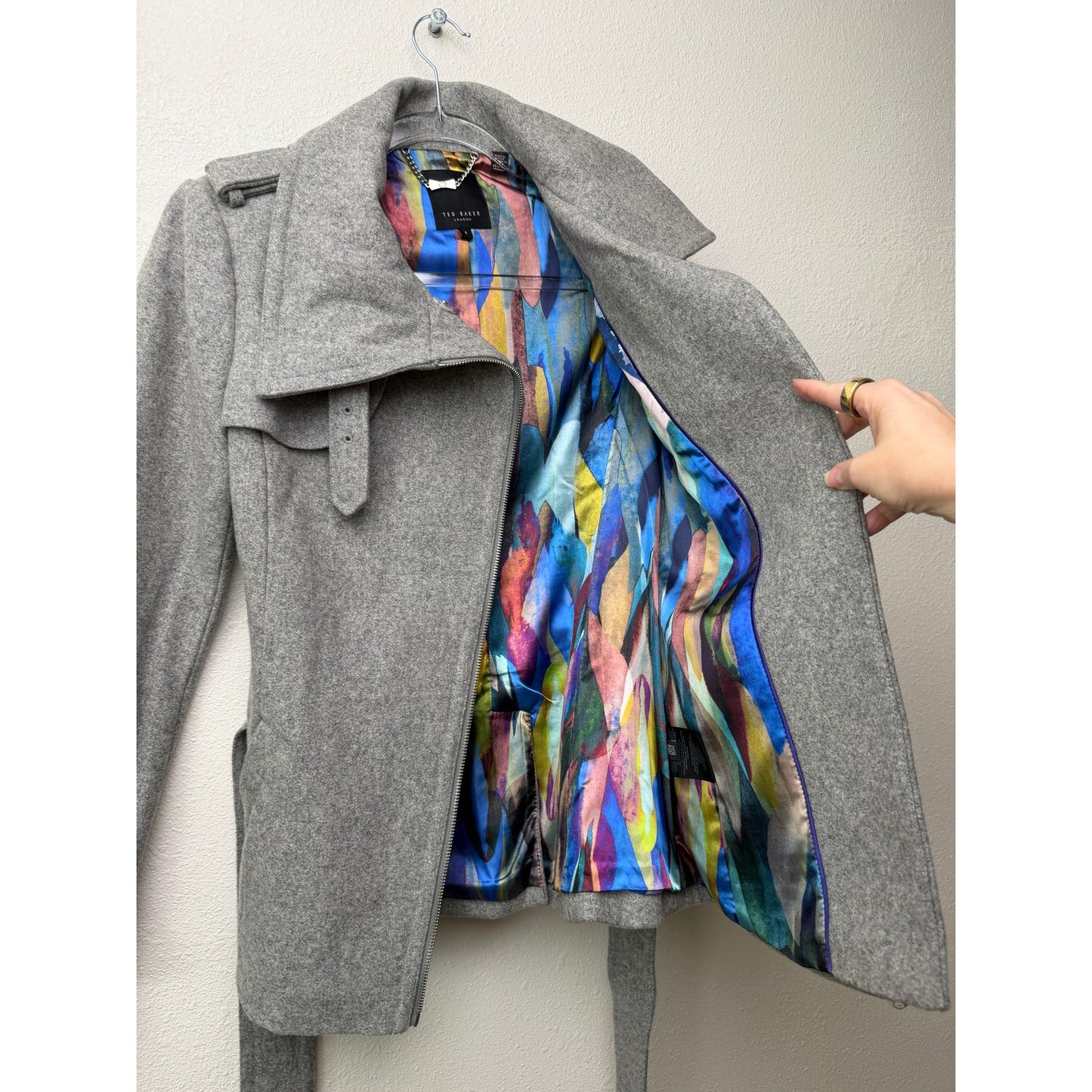 Ted Baker Gray Belted Zip Jacket Womens US 4 Heathered Coat