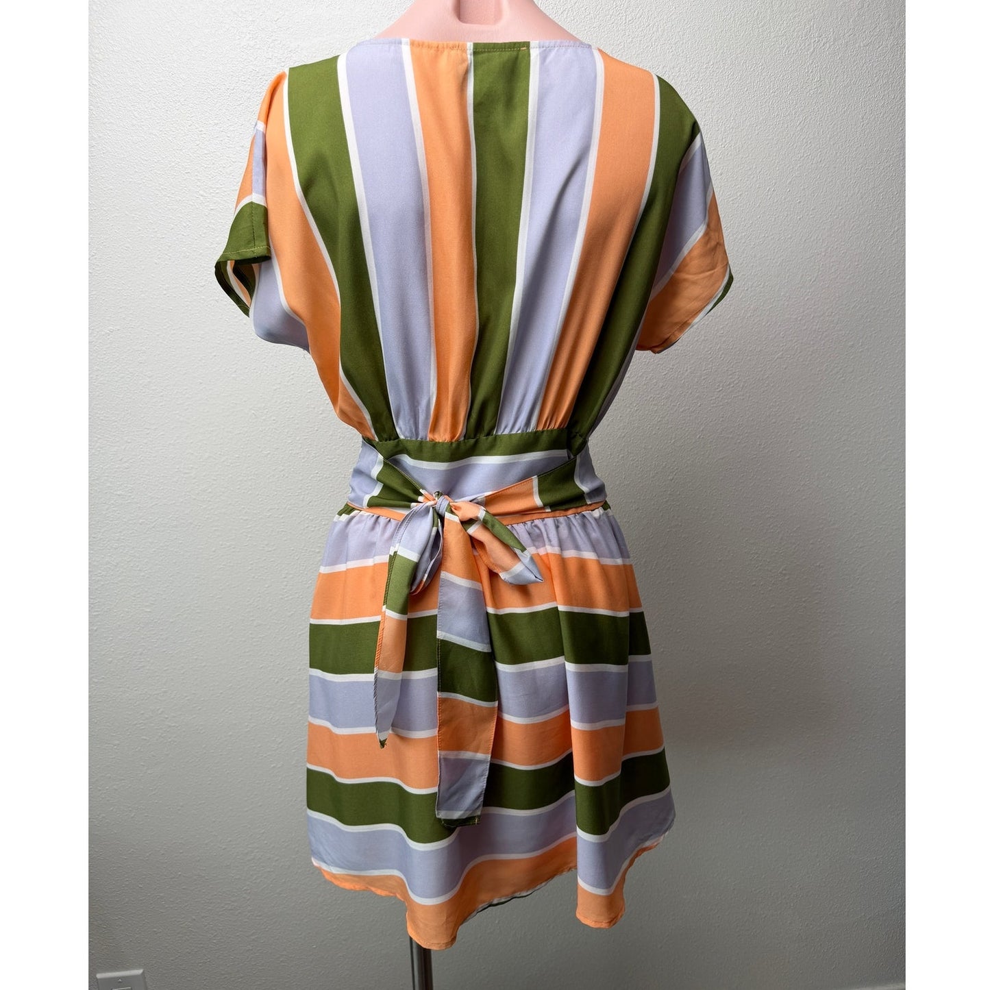 Bar III Front Row Striped Belted Fit & Flare Dress Peach Green Lilac Sz S