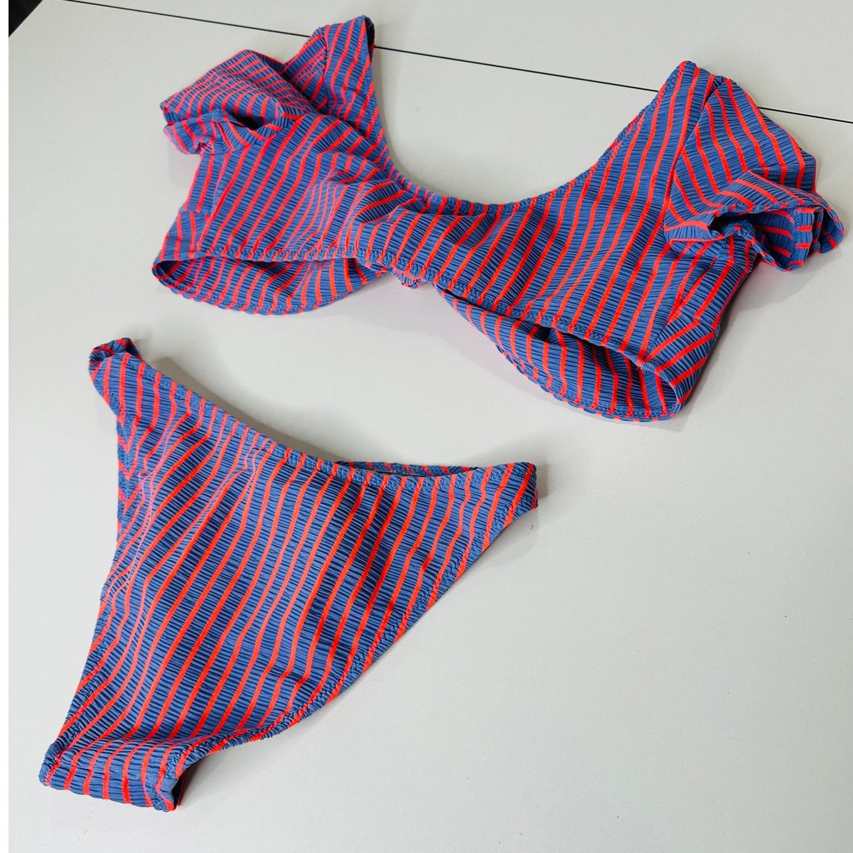 Solid & Striped Lilac & Orange Striped Front Tie Bikini 2 Piece Bathing Suit M