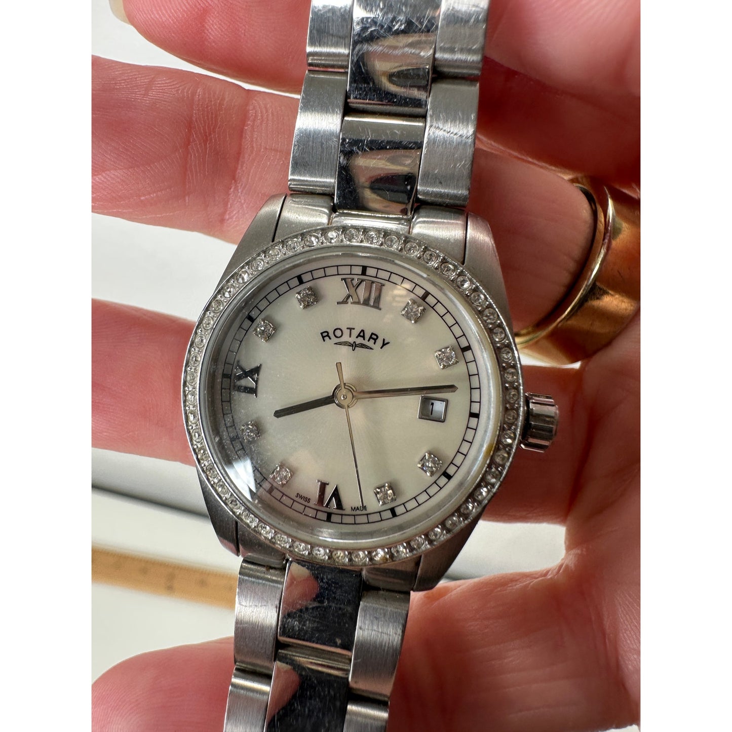 Rotary Havana Silver Diamond Bezel Pearl Face Quartz Watch