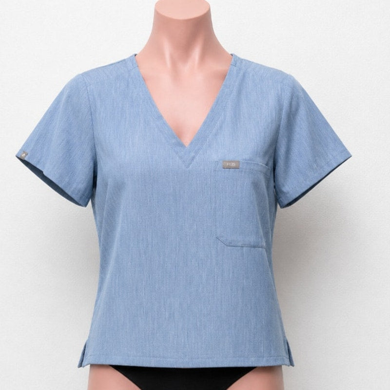 Figs Denim Blue Catarina VNeck Split Hem Short Sleeve Top S