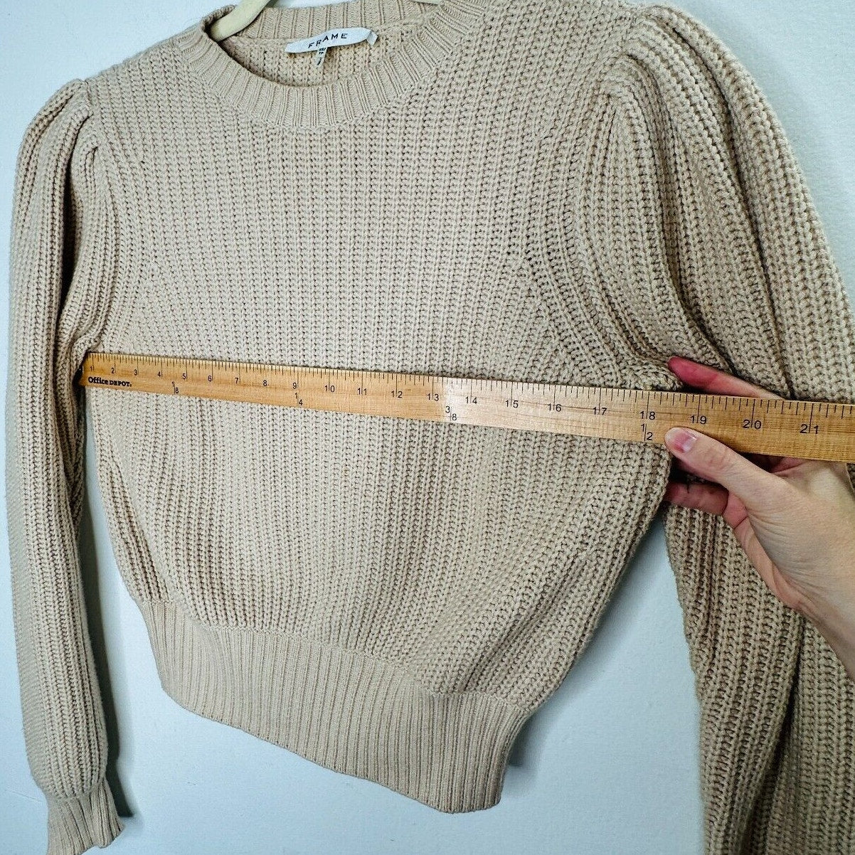 Frame Tan Ribbed Cable Knit Crew Neck Balloon Puff-Sleeve Banded Crop Sweater XS