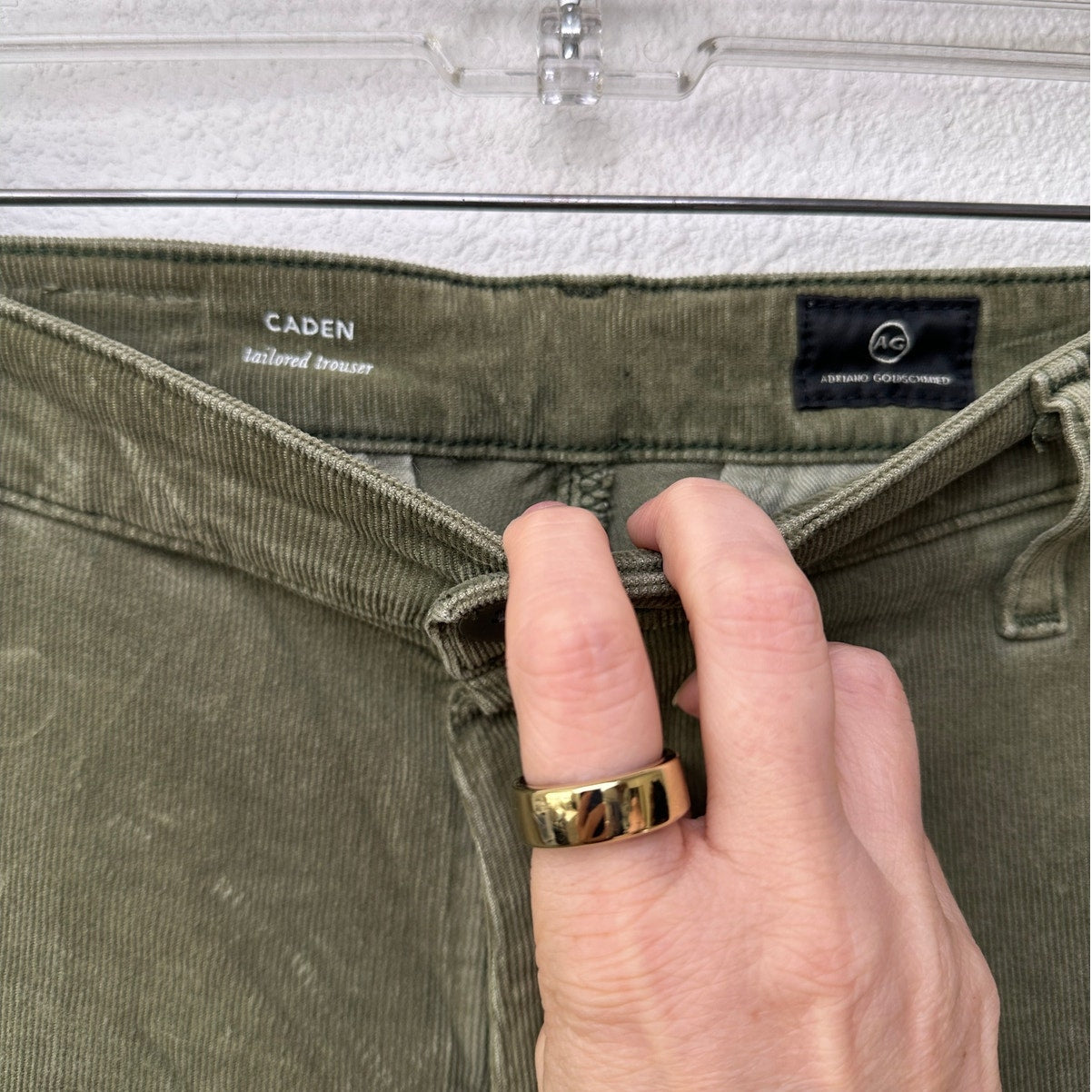 AG Adriano Goldschmied Caden Tailored Corduroy Trousers Olive Green Women’s 31R