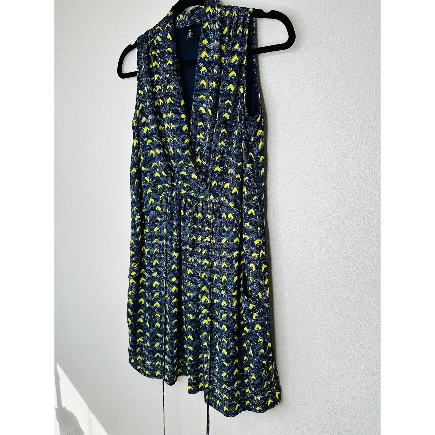 Aqua Florescent Yellow Blue Gray Print Faux Wrap Dress XS