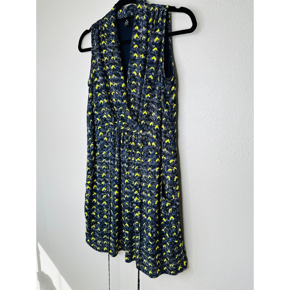 Aqua Florescent Yellow Blue Gray Print Faux Wrap Dress XS