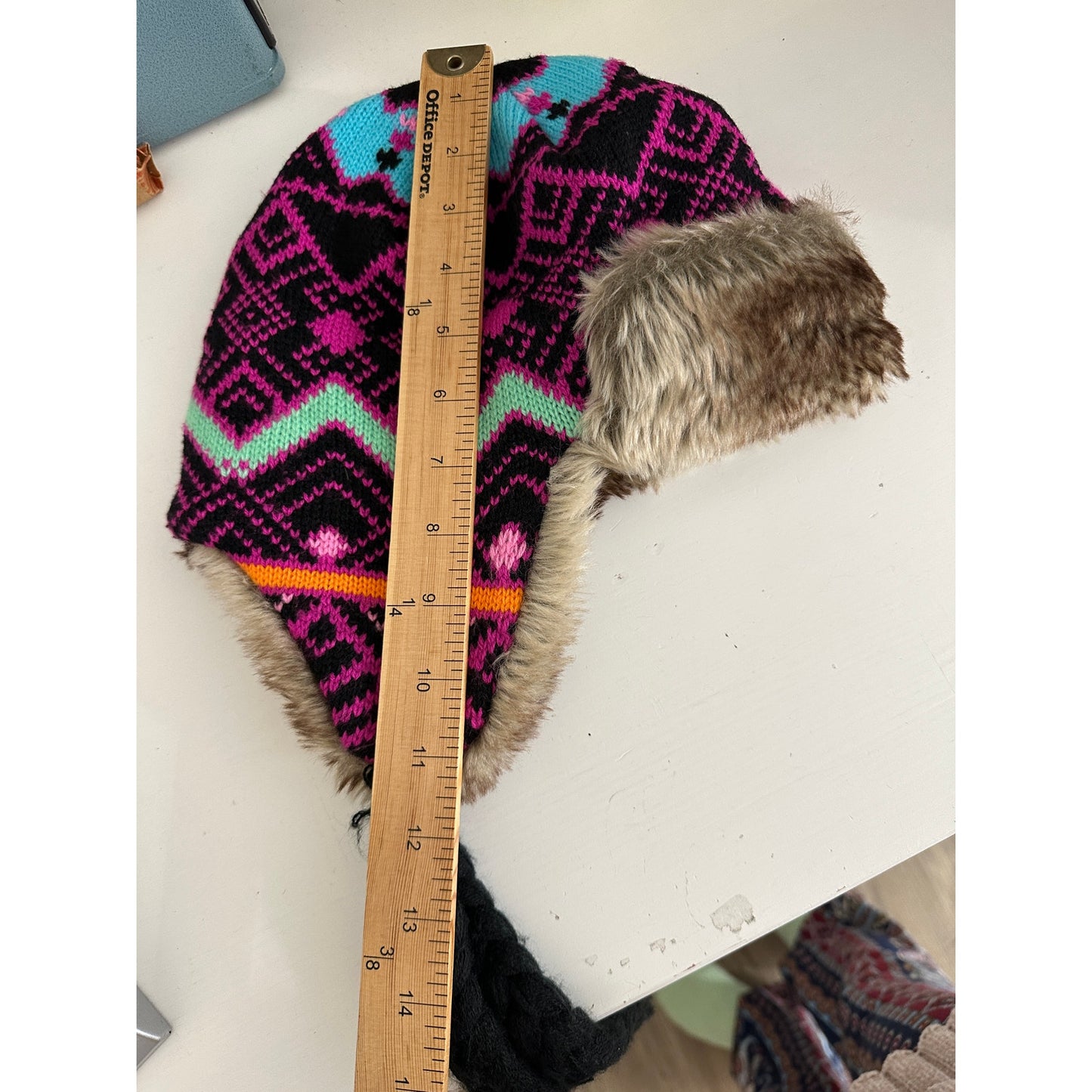 Billabong Pink Black Blue Knit with Faux Fur Trapper Hat OS