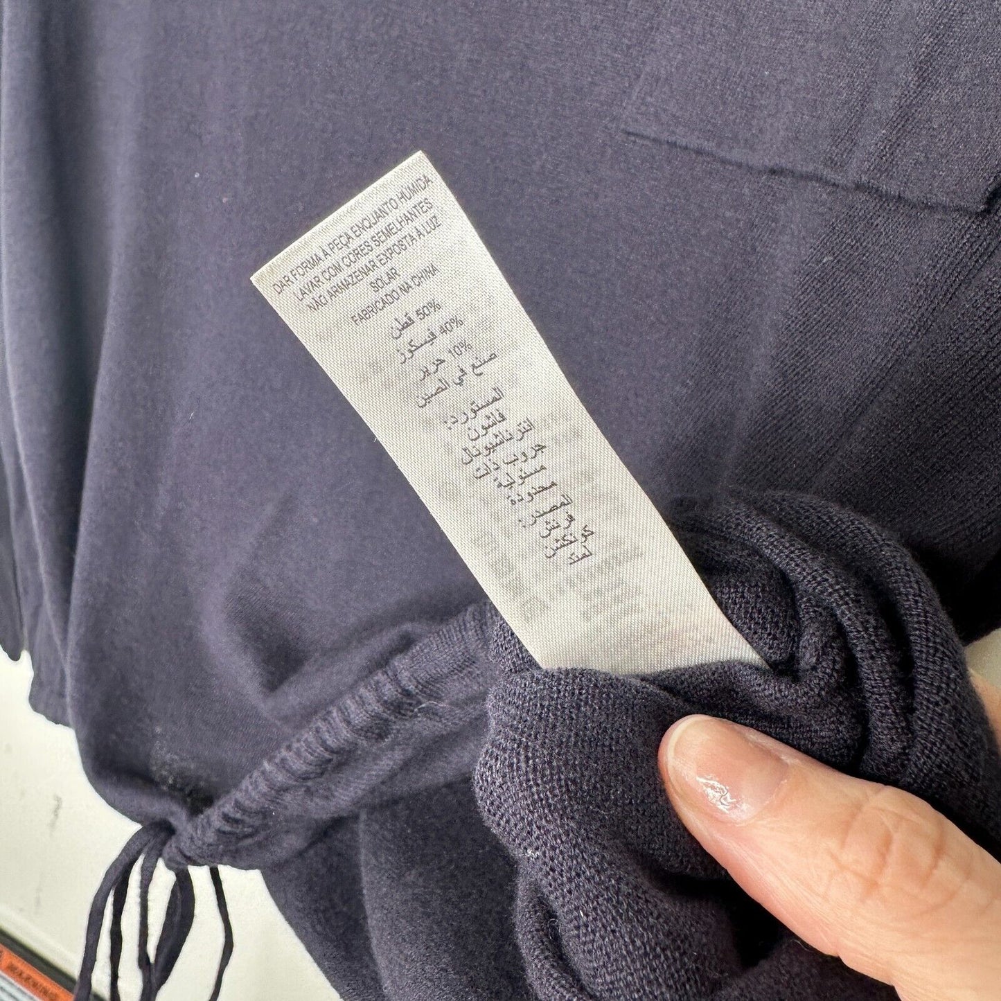 French Connection Drawstring Hem Silk Blend Long Sleeve VNeck Navy Sweater L