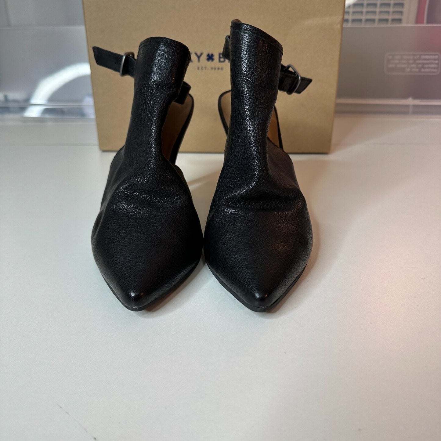RARE Lucky Brand Ibiza Jet Black Pointed Toe Leather Ankle Strap Stiletto 7.5