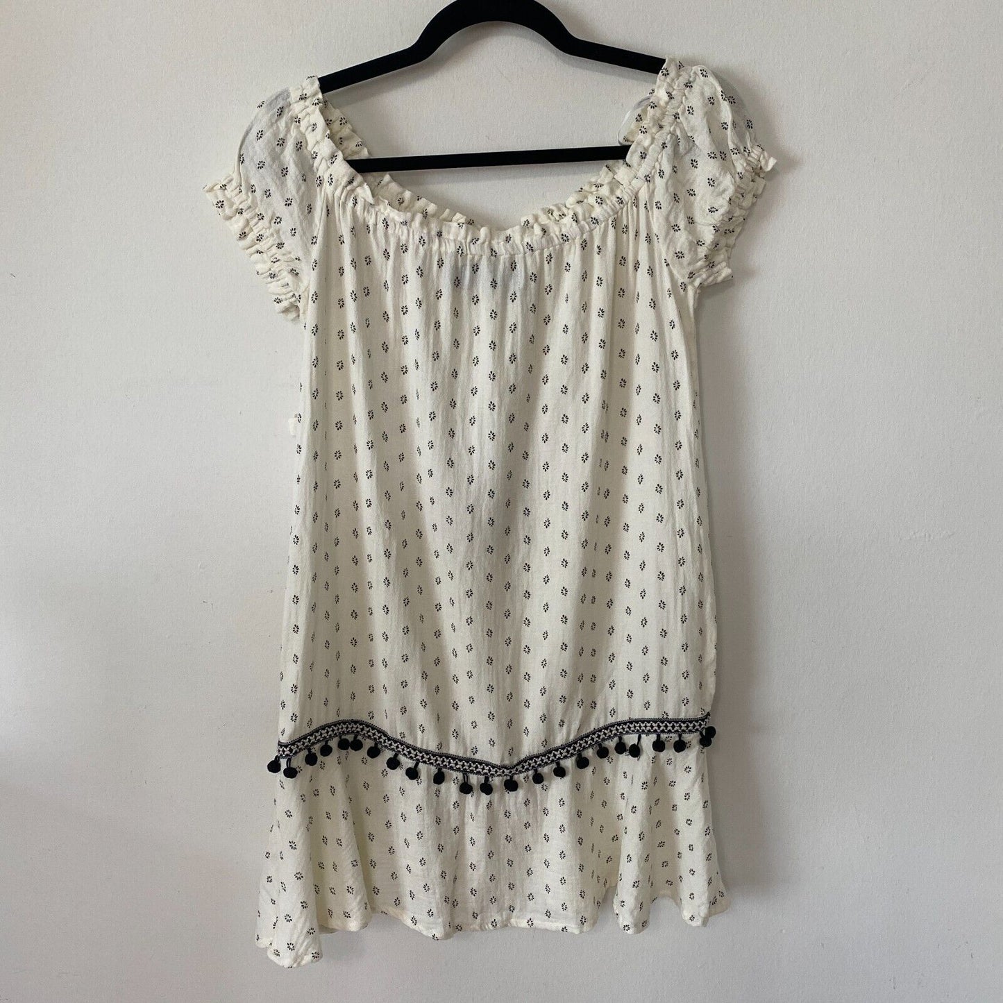 Minkpink Off-Shoulder Common Ground Cream Black Ruffle Mini Dress Pom Tassel XS