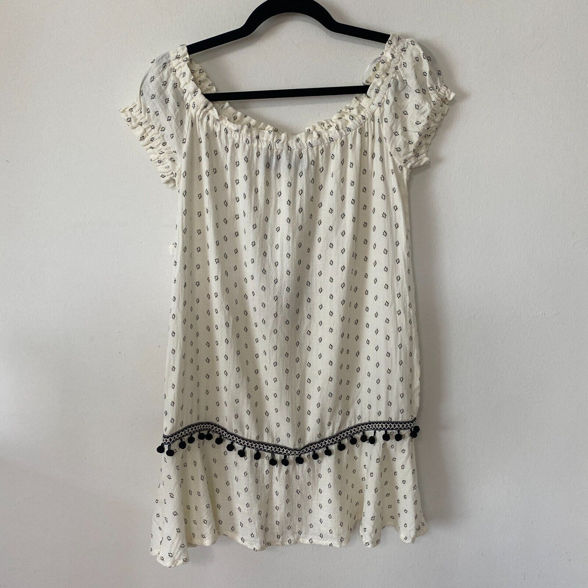 Minkpink Off-Shoulder Common Ground Cream Black Ruffle Mini Dress Pom Tassel XS