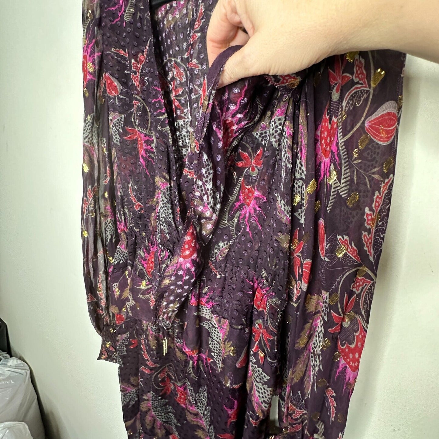 Marchesa Voyage Burgundy 100% Silk Flounce Peplum V Neck Long Sleeve Dress 8