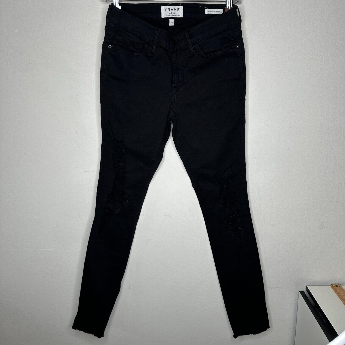 Frame Jet Black Denim Le Skinny de Jeanne Distressed Jean Mid-Rise Raw Hem 27