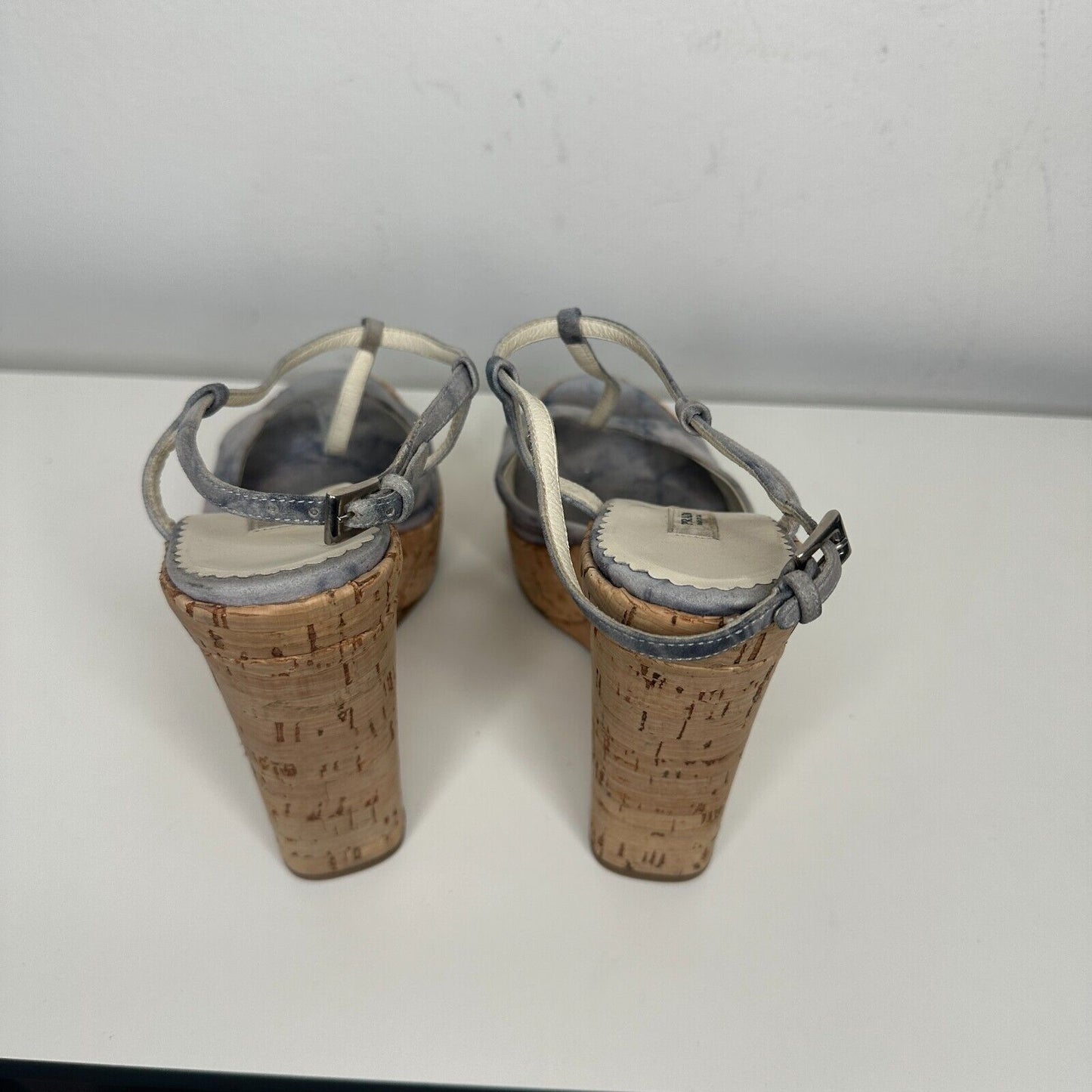 Prada Tie Dye Light Blue Suede Tan Cork Wedge Sandals Ankle Espadrilles 38