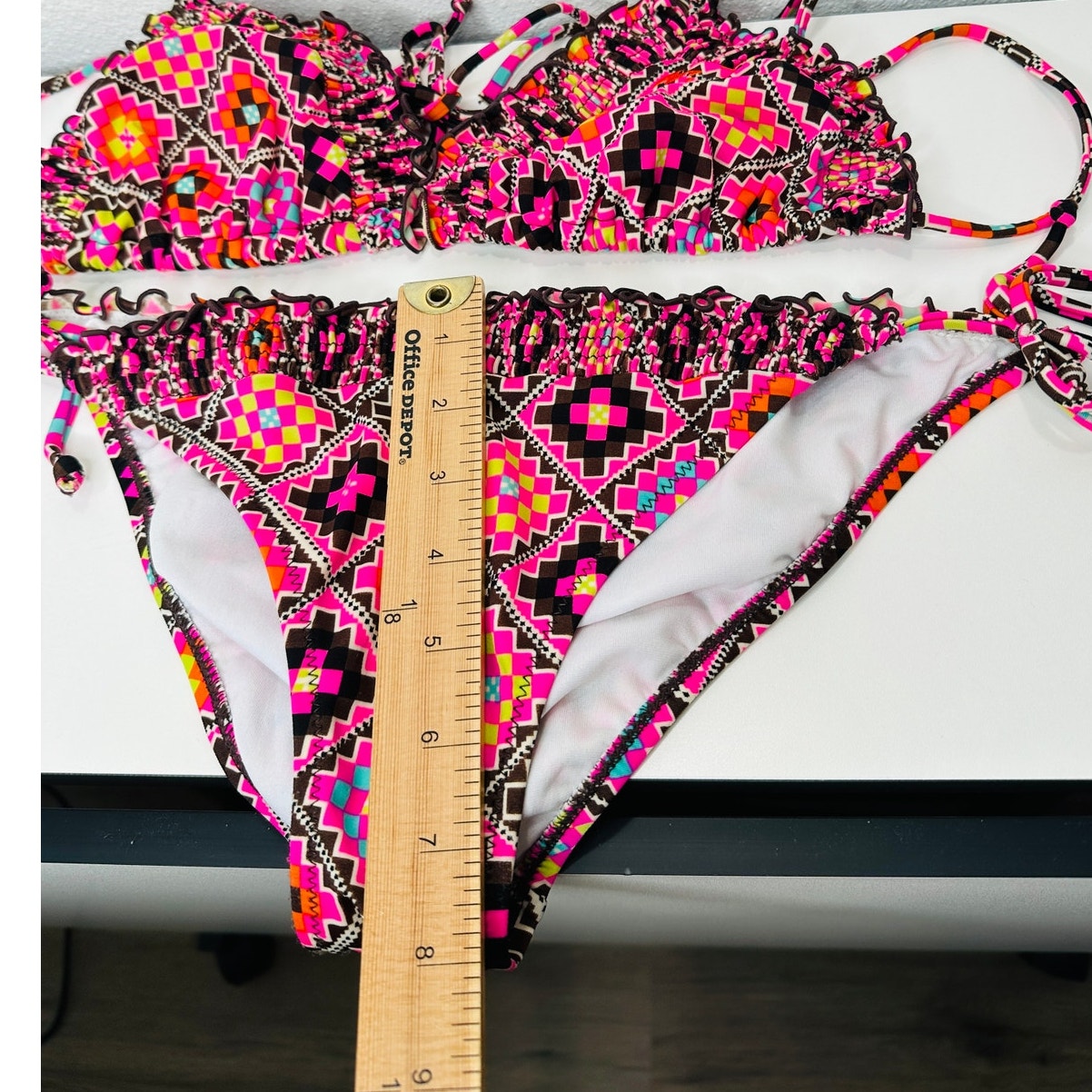 BIllabong Brown Pink Yellow Multi Print Ruched Ruffle Trim Bikini L